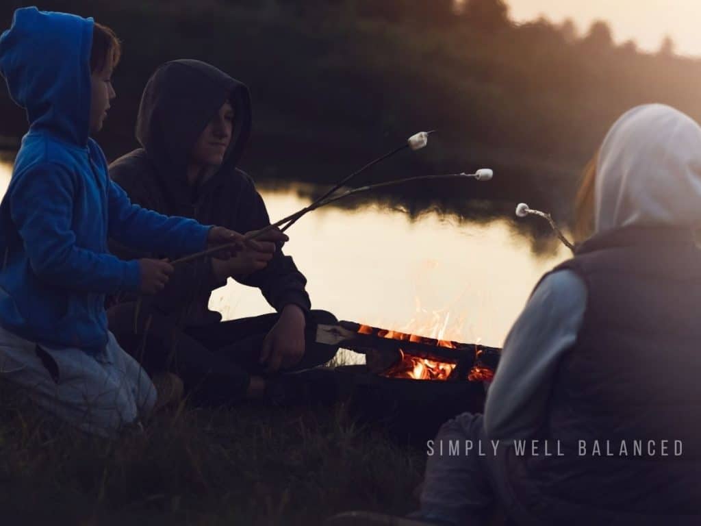 Kids roasting marshmallows over a campfire by the water at dusk.