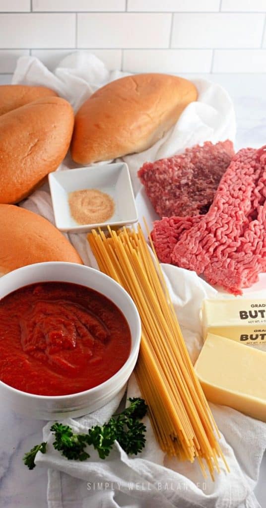 Spaghetti bread recipe ingredients on the counter and ready to go. 