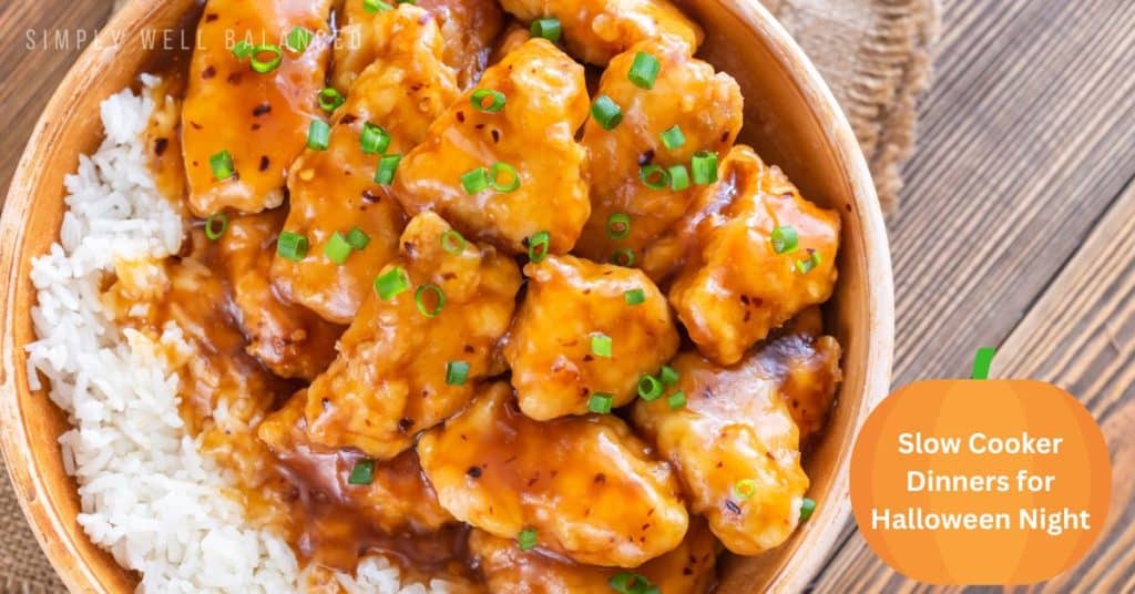 "Jack o Lantern" orange chicken made in the slow cooker for Halloween meal. 