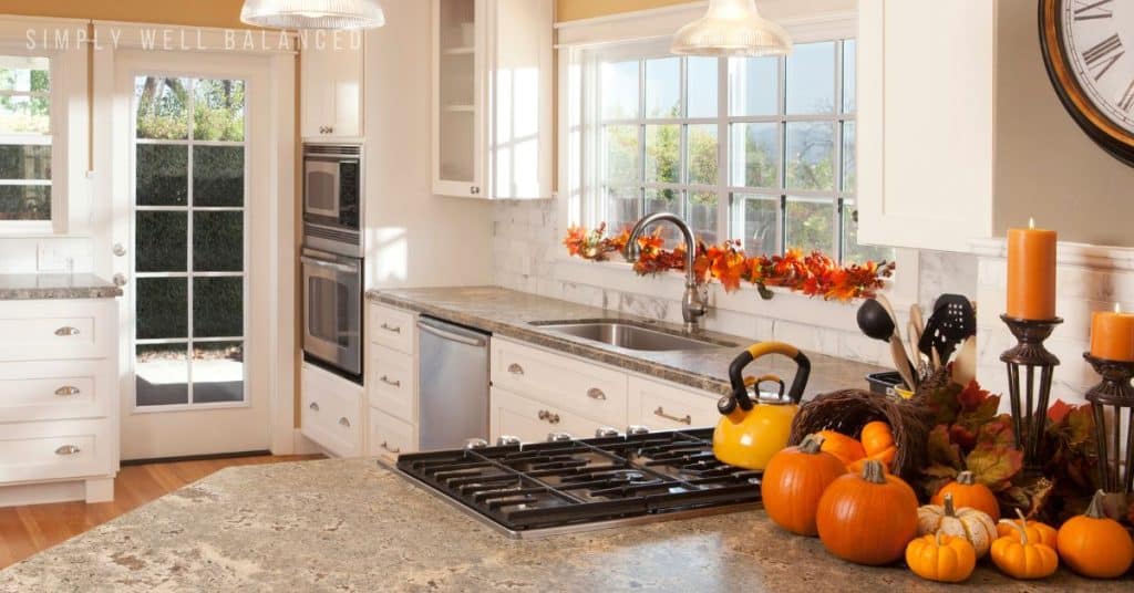 Kitchen decorated for Halloween dinner. 