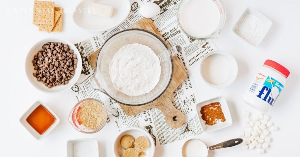 All of the ingredients needed to make homemade S'mores pancakes recipe.