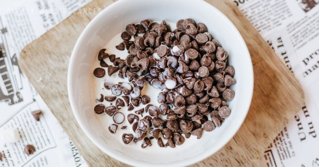 Making chocolate ganache with chocolate chips for the S'mores pancakes.