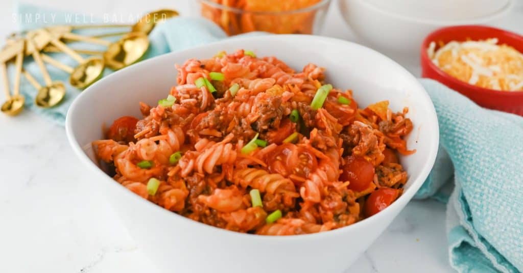 Doritos taco pasta salad in a bowl and ready to serve.