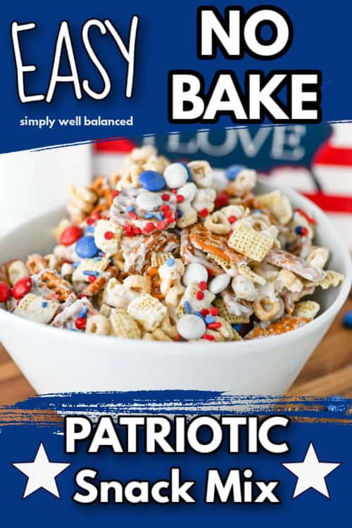 Easy no bake patriotic snack mix in a bowl.