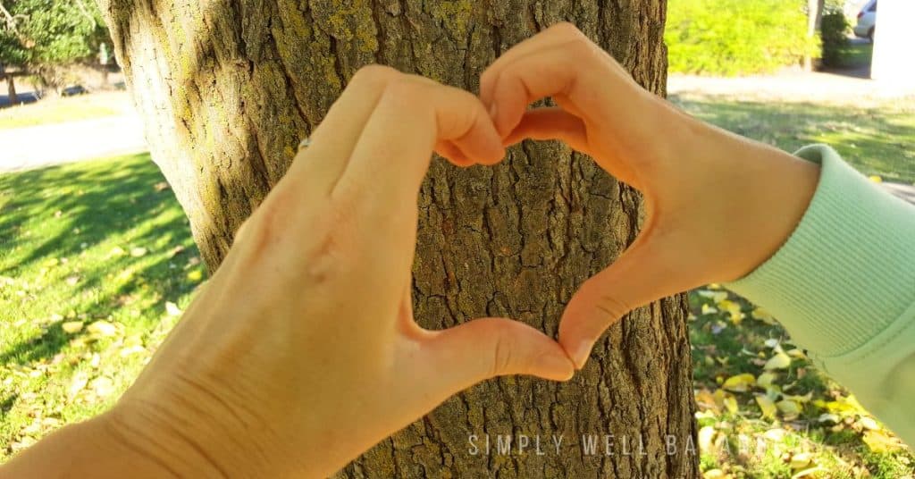 Parent and child hands forming a heart shape outdoors during a family activity.